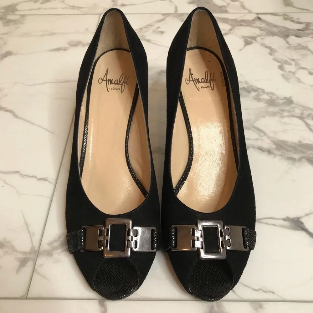 Amalfi by Rangoni Black Suede Peep Toe Heels Buckle Detail Size 8.5 Italy